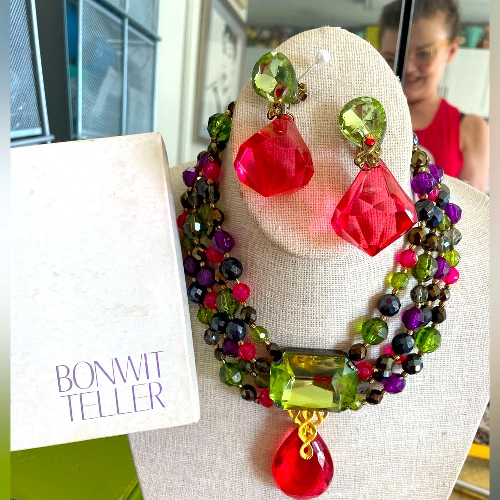 Vintage 80s Watermelon Colored Crystal Necklace and Clip Earrings